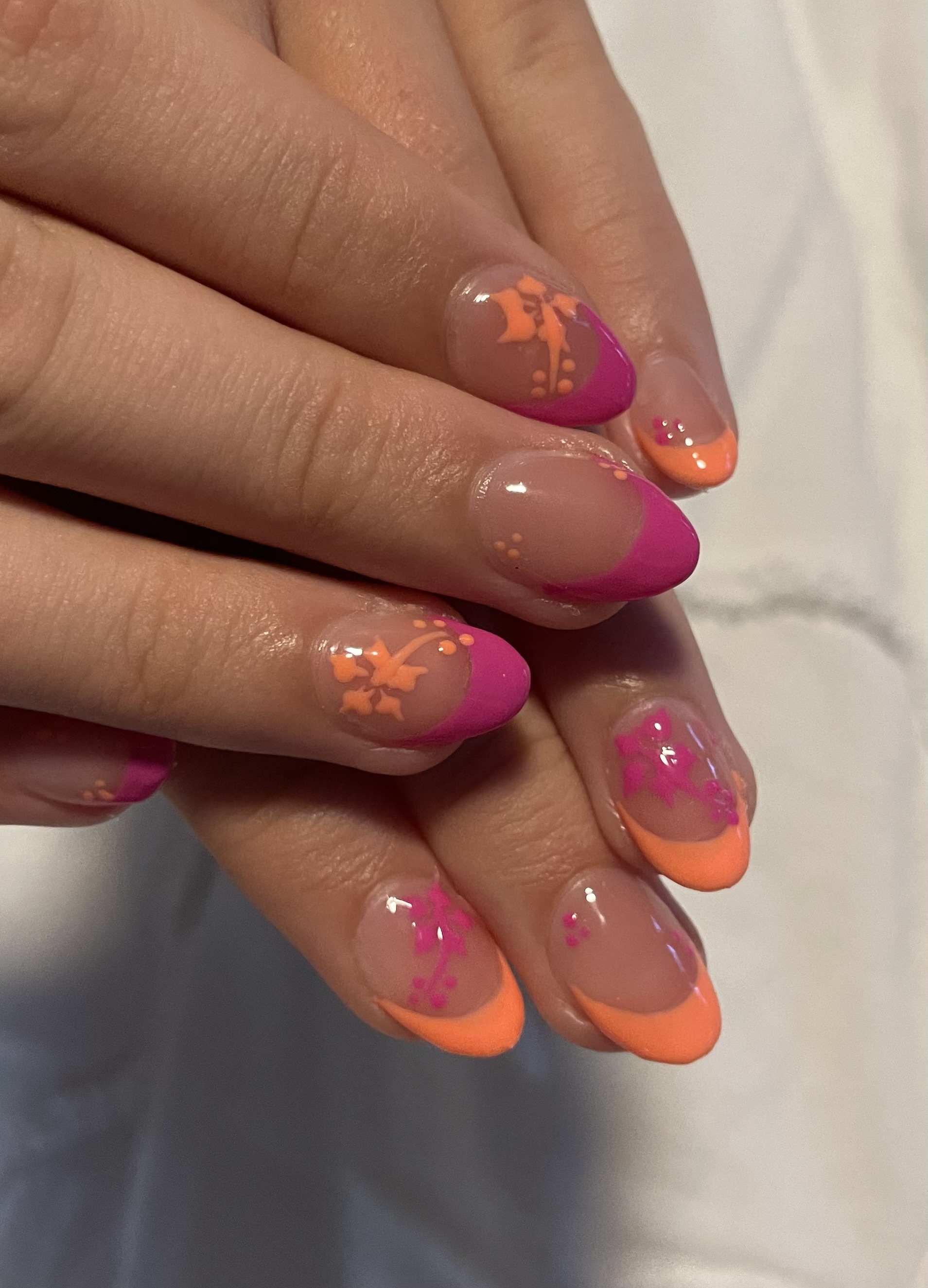 Pink and Orange Hibiscus Flower Alternating French Tip Nail Art