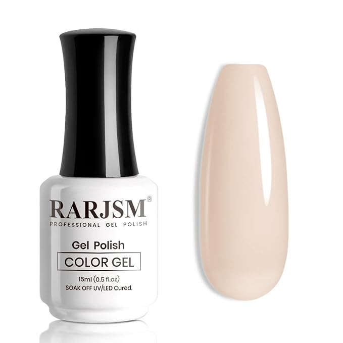 RARJSM Apricot Nude Gel Nail Polish in a 15ml bottle, providing a neutral sheer cream nude color for French manicures, requiring LED or UV curing.