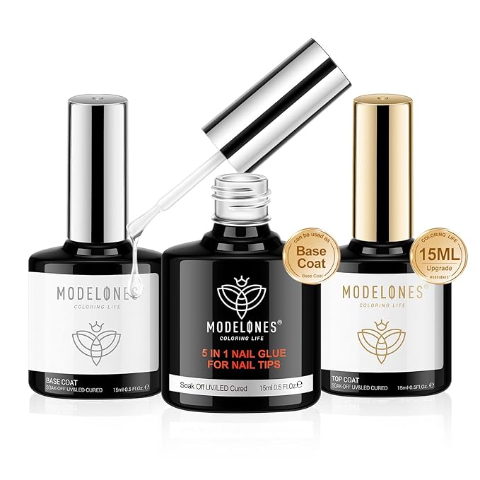modelones 4 in One Nail Glue with Gel Top and Base Coat Gel Nail Kit, No Wipe Base Coat Long Lasting Glossy Top Coat 3Pcs Gel Nail Glue for Nail Tips, Blooming Gel, Rhinestone Glue