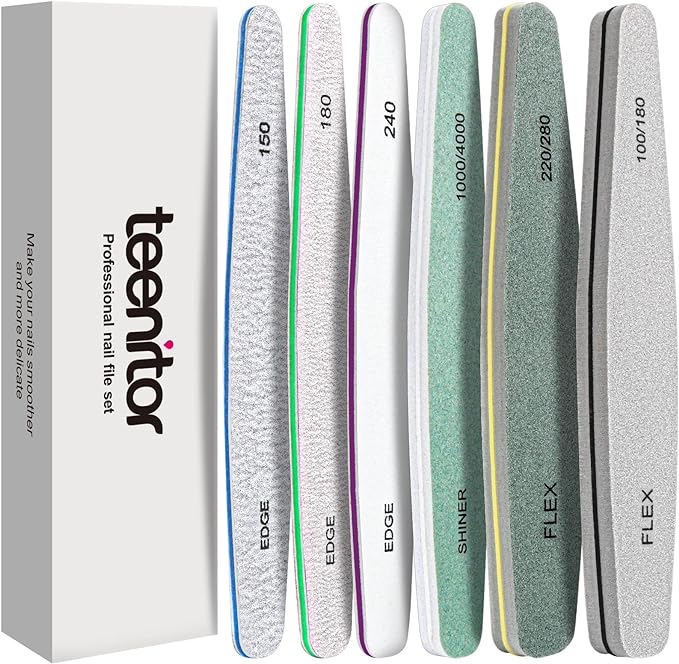 Teenitor Nail File and Buffer Set, 6 pcs Nail Files & Nail Buffer Blocks for Natural Nails, Emery Boards for Nails, Nail Buffer and Shine Kit, Ridge Filler for Nails Fingernail Files 100/180 Grit